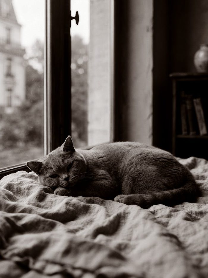 Chat gris endormi sur un lit de lin, près d’une fenêtre ouverte sur le jardin