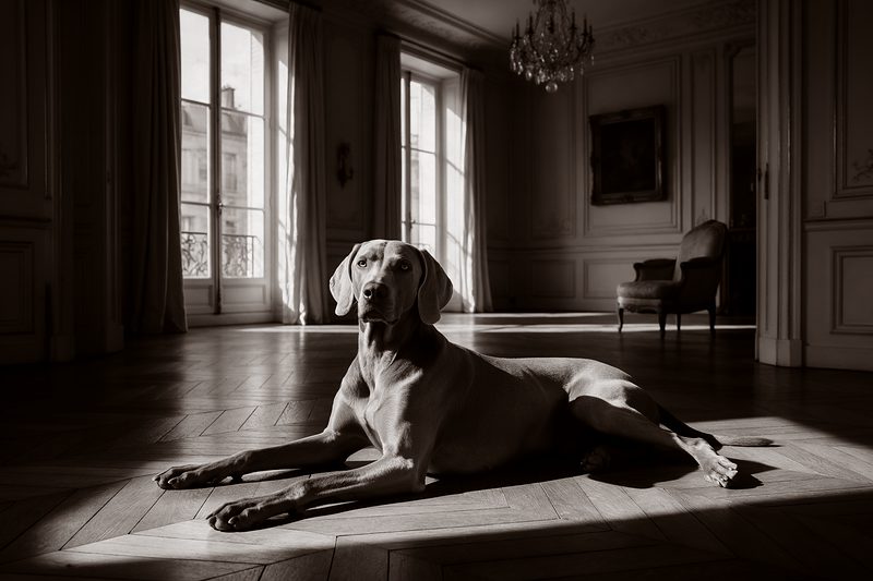 Chien allongé sur le parquet d’un grand salon, lumière des fenêtres, mobilier ancien